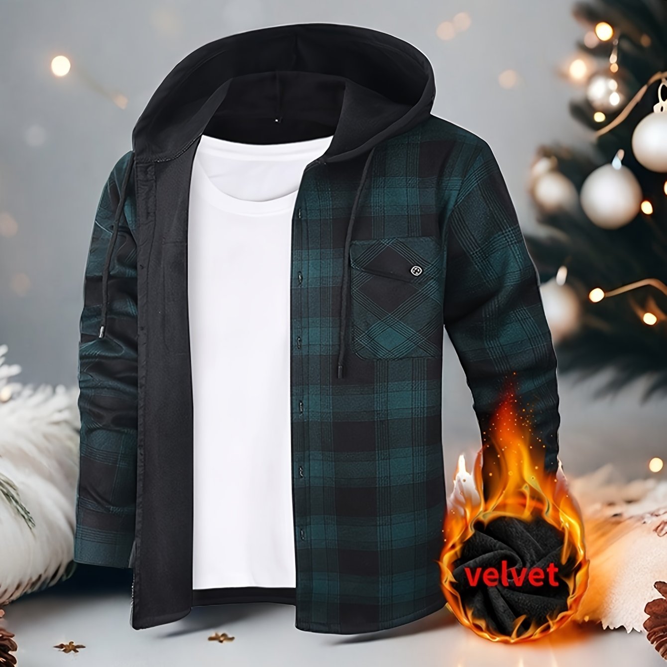 Mens Hooded Plaid Shirt Jacket Winter Thickened Coat