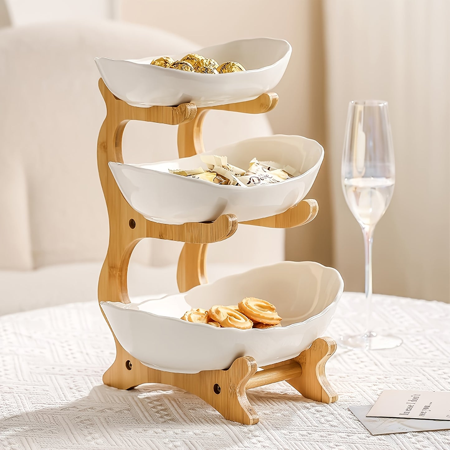 White 3 Tier Fruit Plate Bowl With Bamboo Wood Stand Large Capacity Candy Dish Decor Tray Rack For Party And Wedding