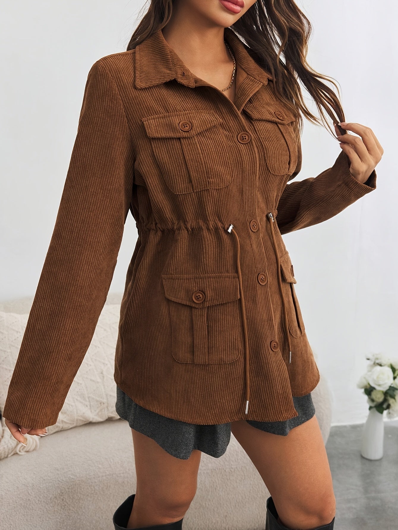 Solid Color Button Front Jacket Flap Pockets Spring Fall