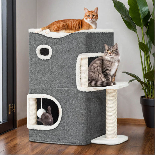 2 Level Modern Cat Condo With Scratching Post And Plush Gray Felt Indoor House