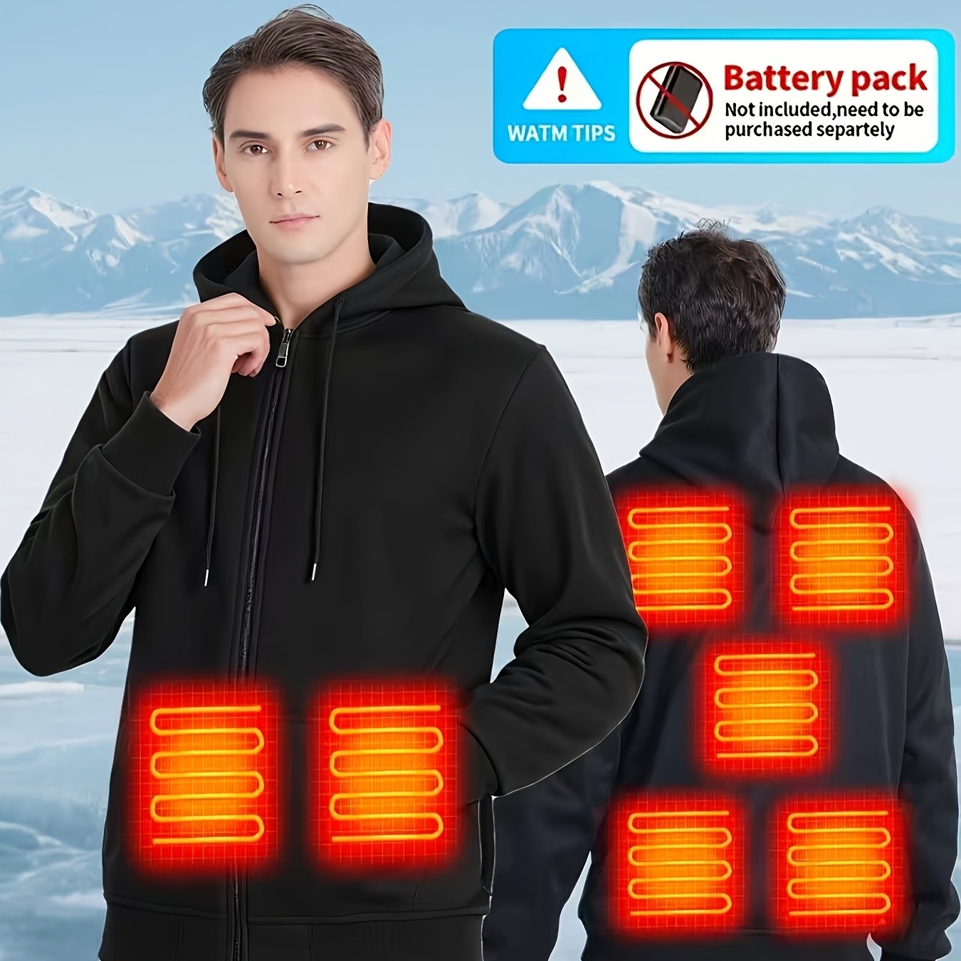 Powered Heated Jacket Full Zip Hooded Winter Coat For Outdoor Activities Running Skiing Machine Washable