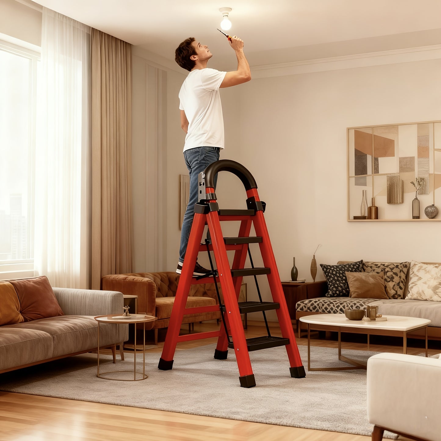 3/4/5 Step Portable Folding Ladder 500/520/530 Lbs Anti Slip Pedal Lightweight Steel Step Stool For Home And Industry