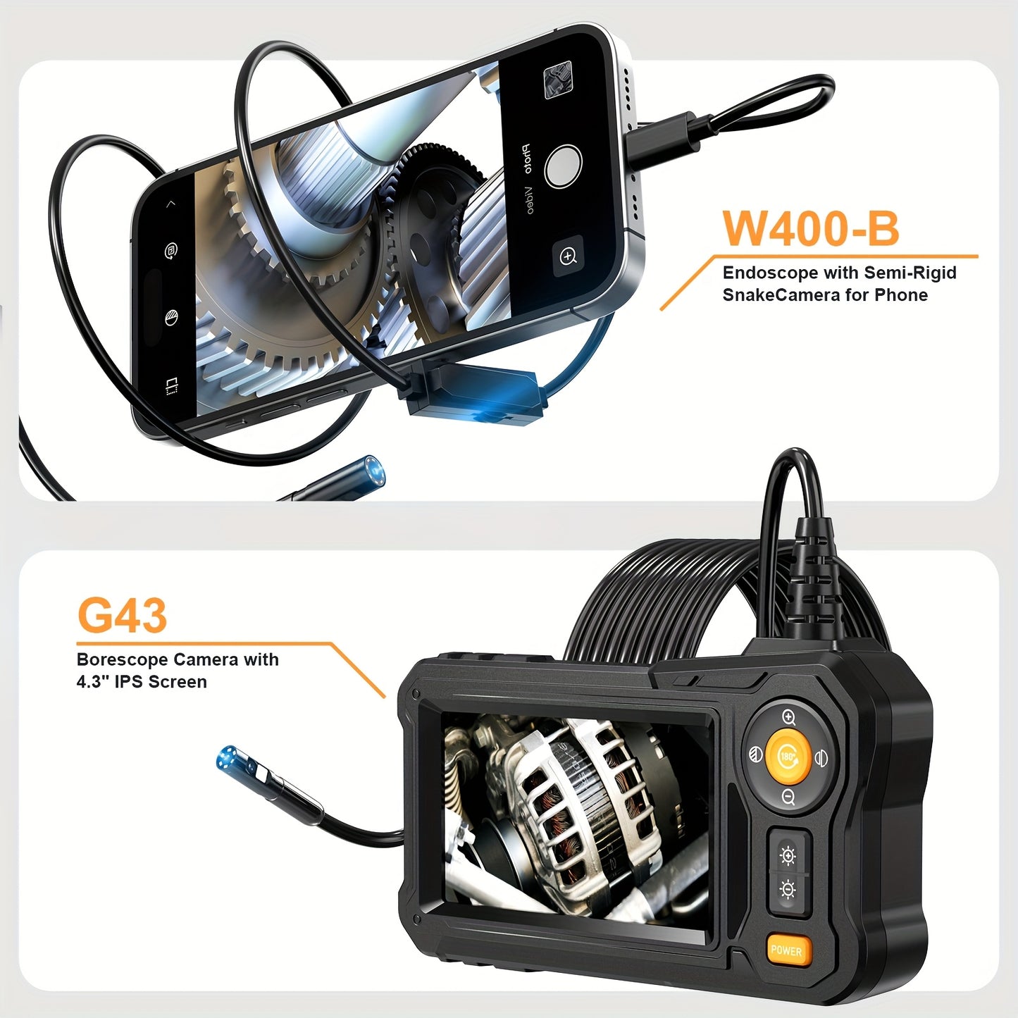 Endoscope With SemiRigid Snake Camera Four Point Three Inch Screen 1080P 16.4Ft Cord IP67 Waterproof Borescope Sewer