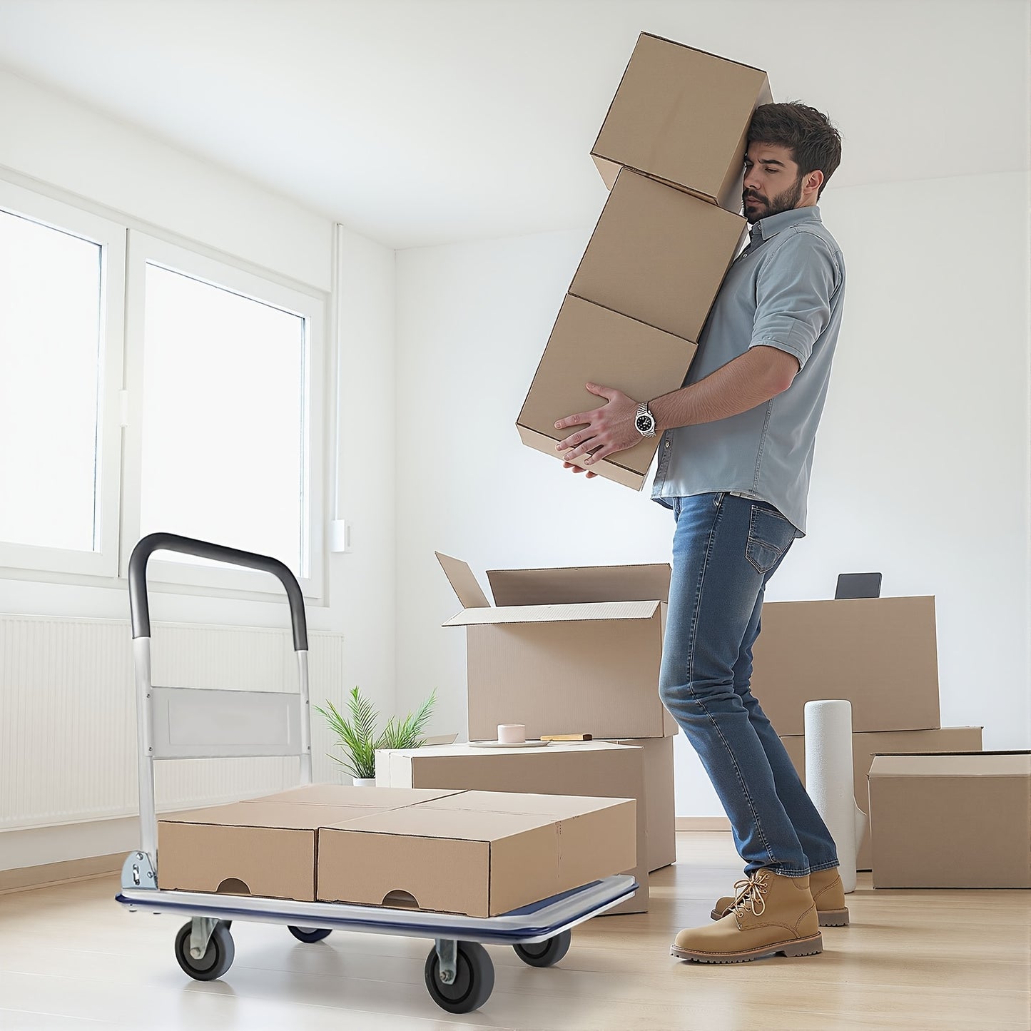 Foldable Platform Hand Truck High Load Capacity Carbon Steel Two 360 Degree Swivel Wheels And Two Fixed Silent Wheels