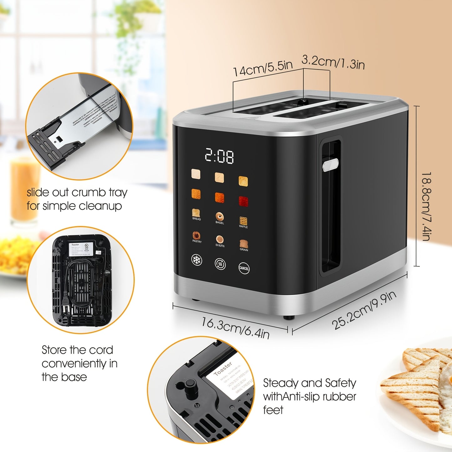 Smart Touchscreen Toaster 2 Slice With LCD Display 6 Toasting Levels 6 Shade Settings Digital Timer Bagel Cancel Defrost