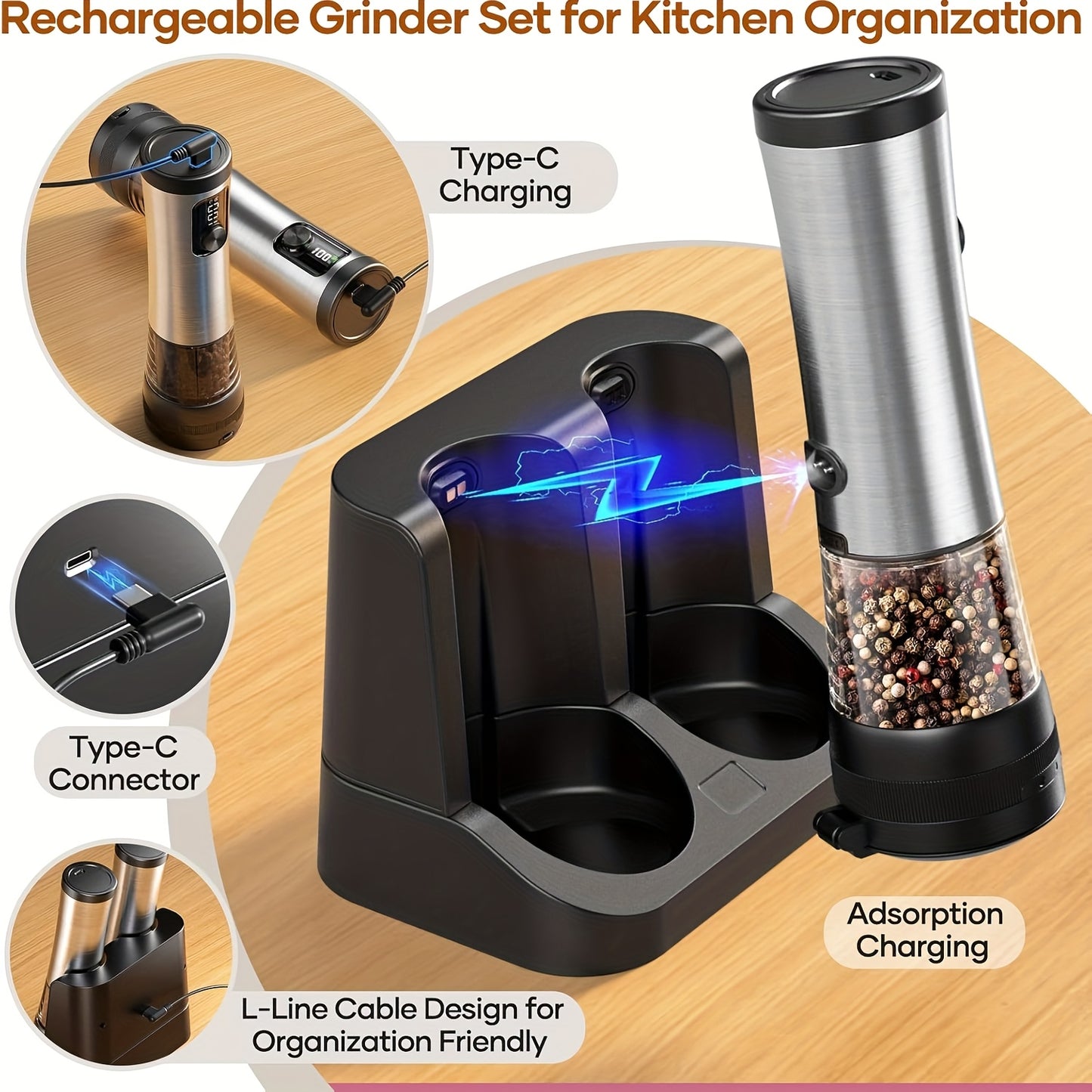 Rechargeable Salt And Pepper Grinder Set With Base USB Charging Adjustable Coarseness LED Display Extra Large Capacity