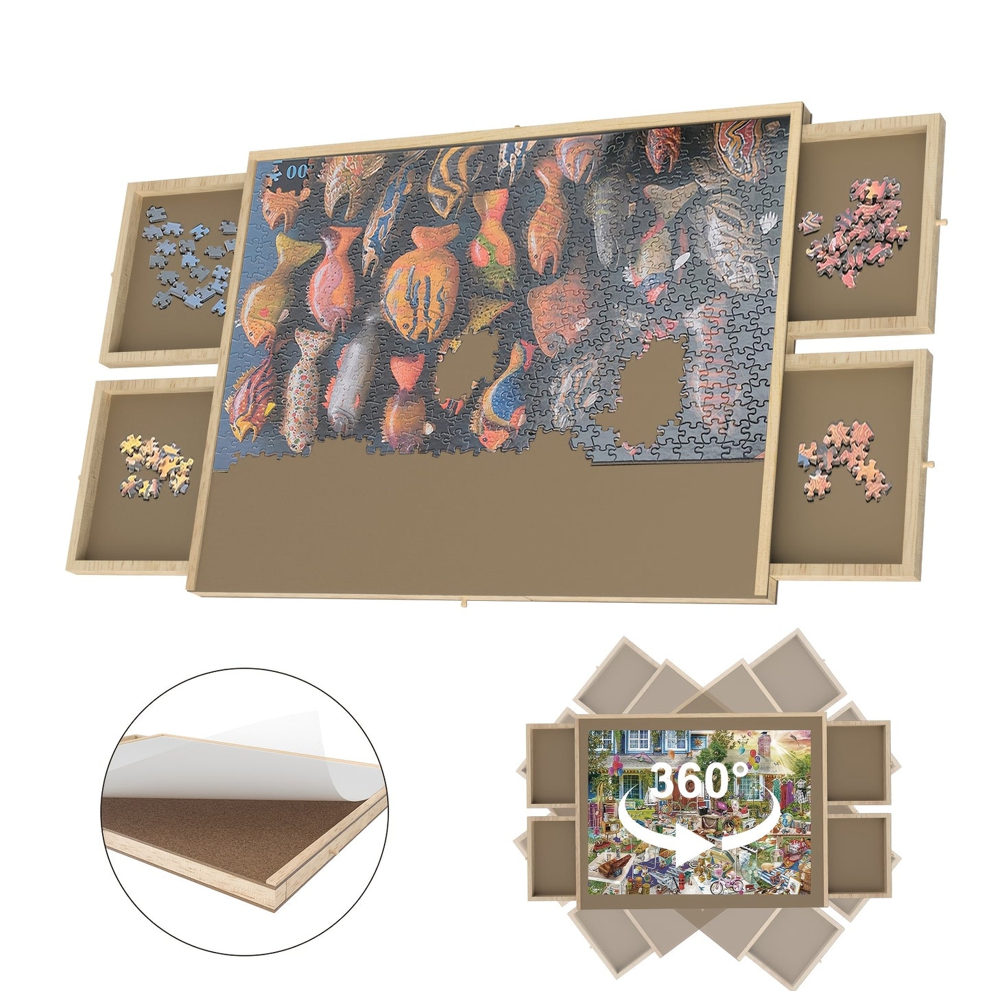 Deluxe 35x27 Inches Wooden Puzzle Board With 6 Drawers Rotating Jigsaw Organizer For 1500 Pieces Portable Storage