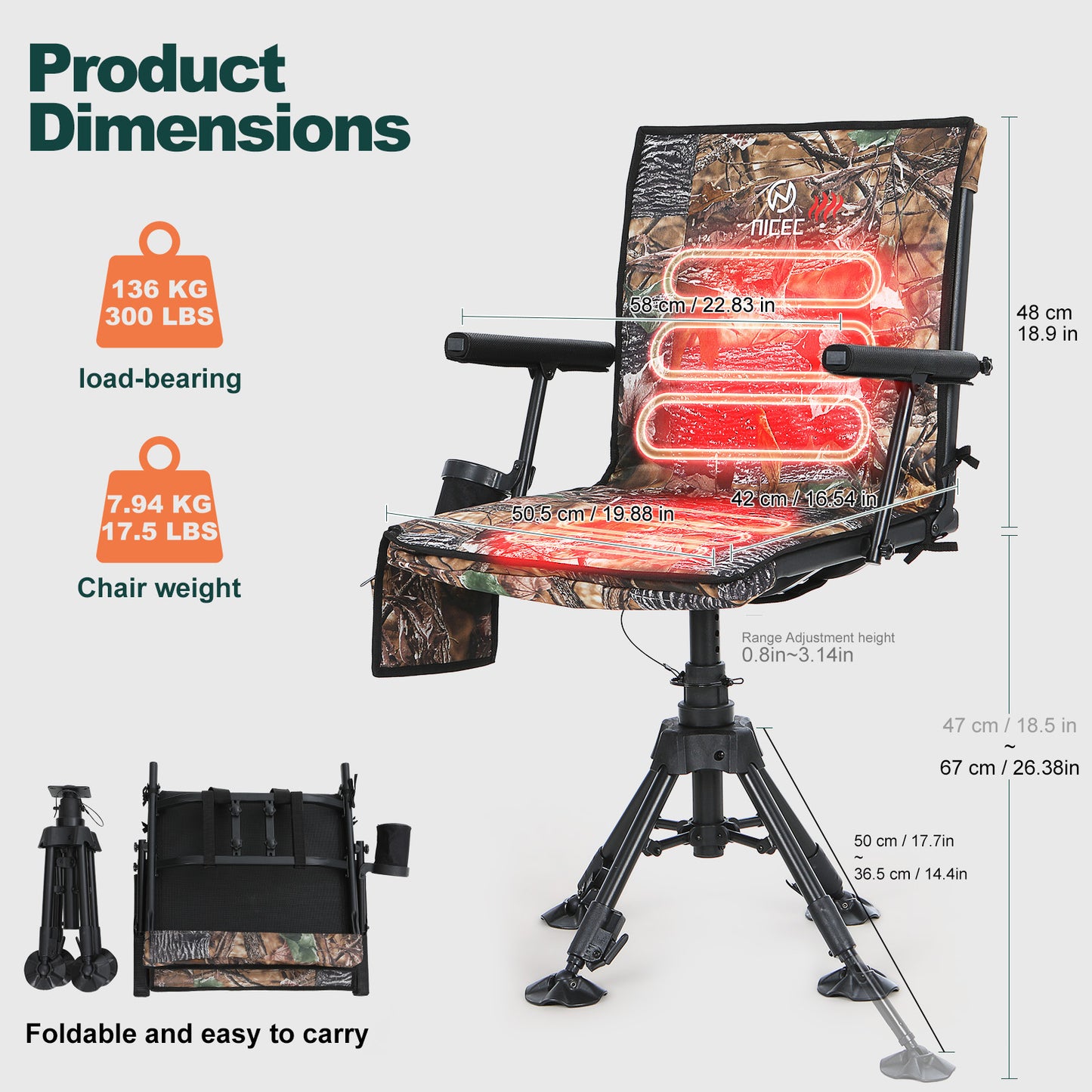 Heated 360 Swivel Hunting Blind Chair Adjustable 4 Leg Height Battery Included