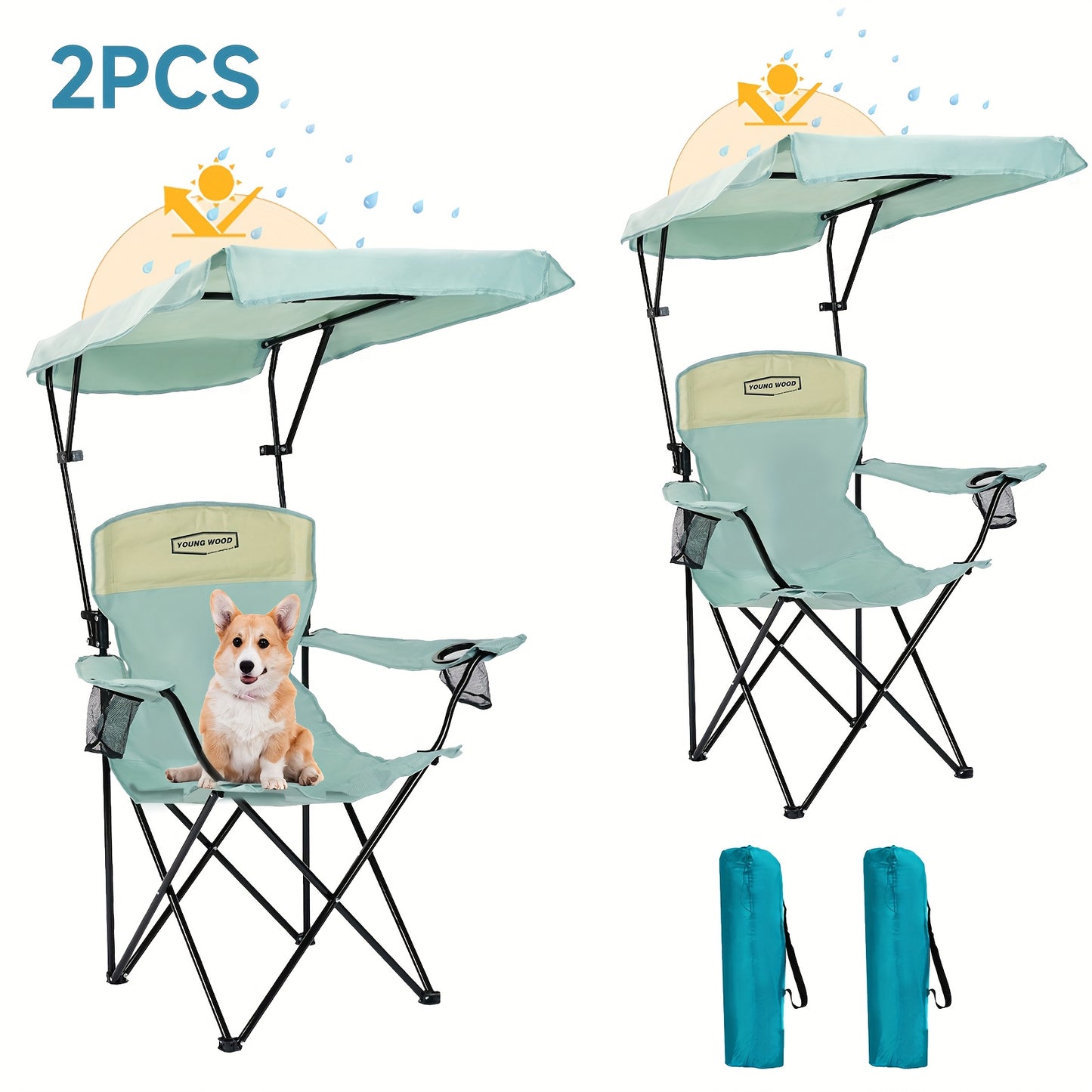 Outdoor Sunshade Chair With Adjustable Canopy And Armrests, Cup Holder, Foldable Storage Bag For Outdoor Use