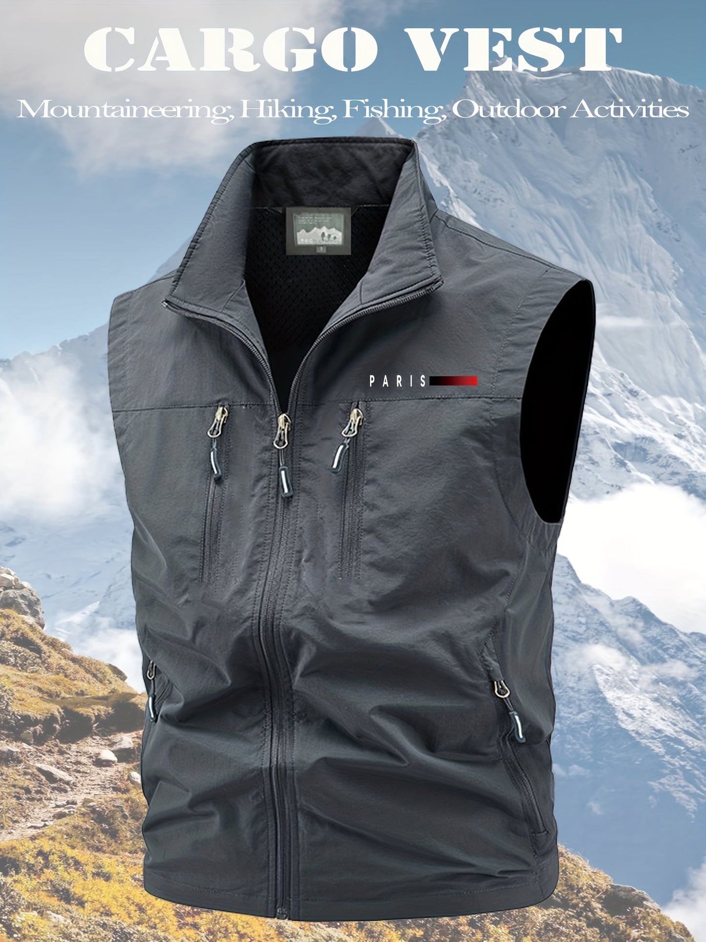 Men Casual Workwear Vest Paris Print Stand Collar Pockets