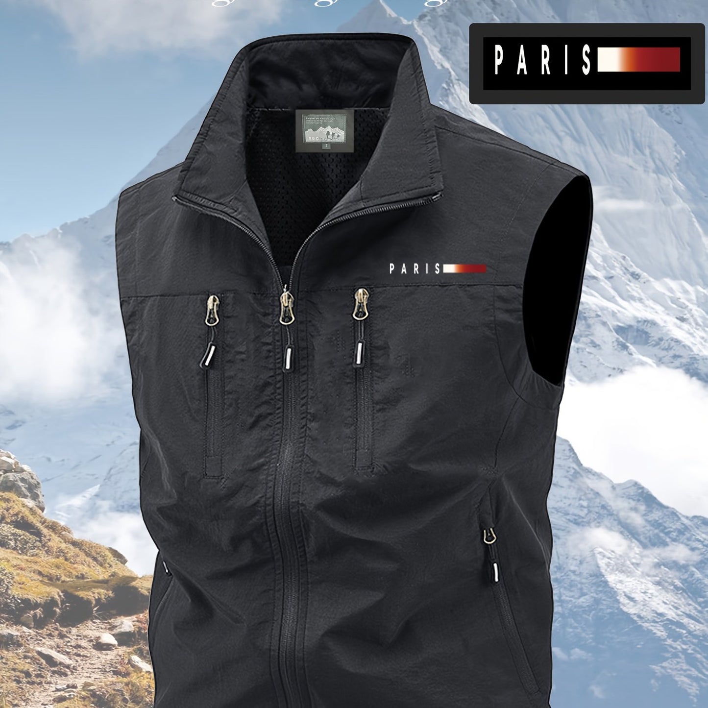 Men Casual Workwear Vest Paris Print Stand Collar Pockets