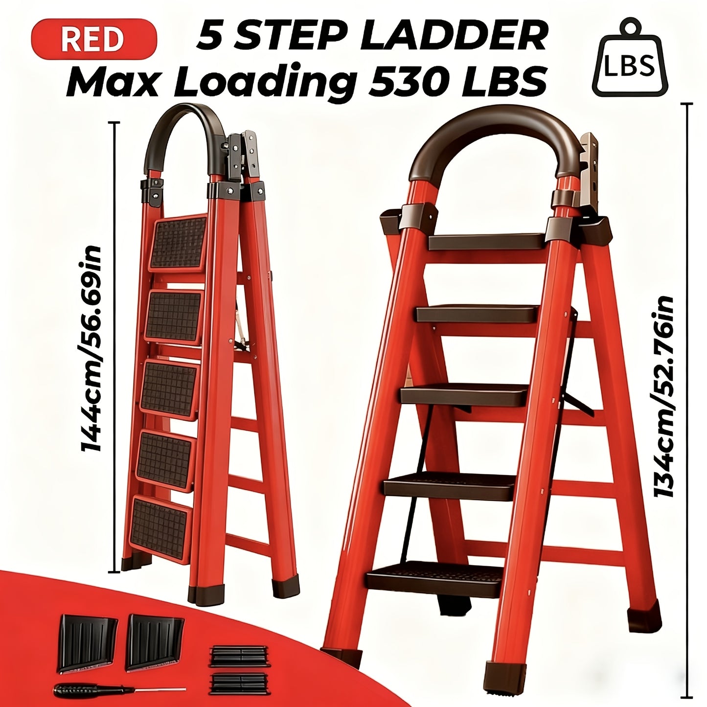 3/4/5 Step Portable Folding Ladder 500/520/530 Lbs Anti Slip Pedal Lightweight Steel Step Stool For Home And Industry