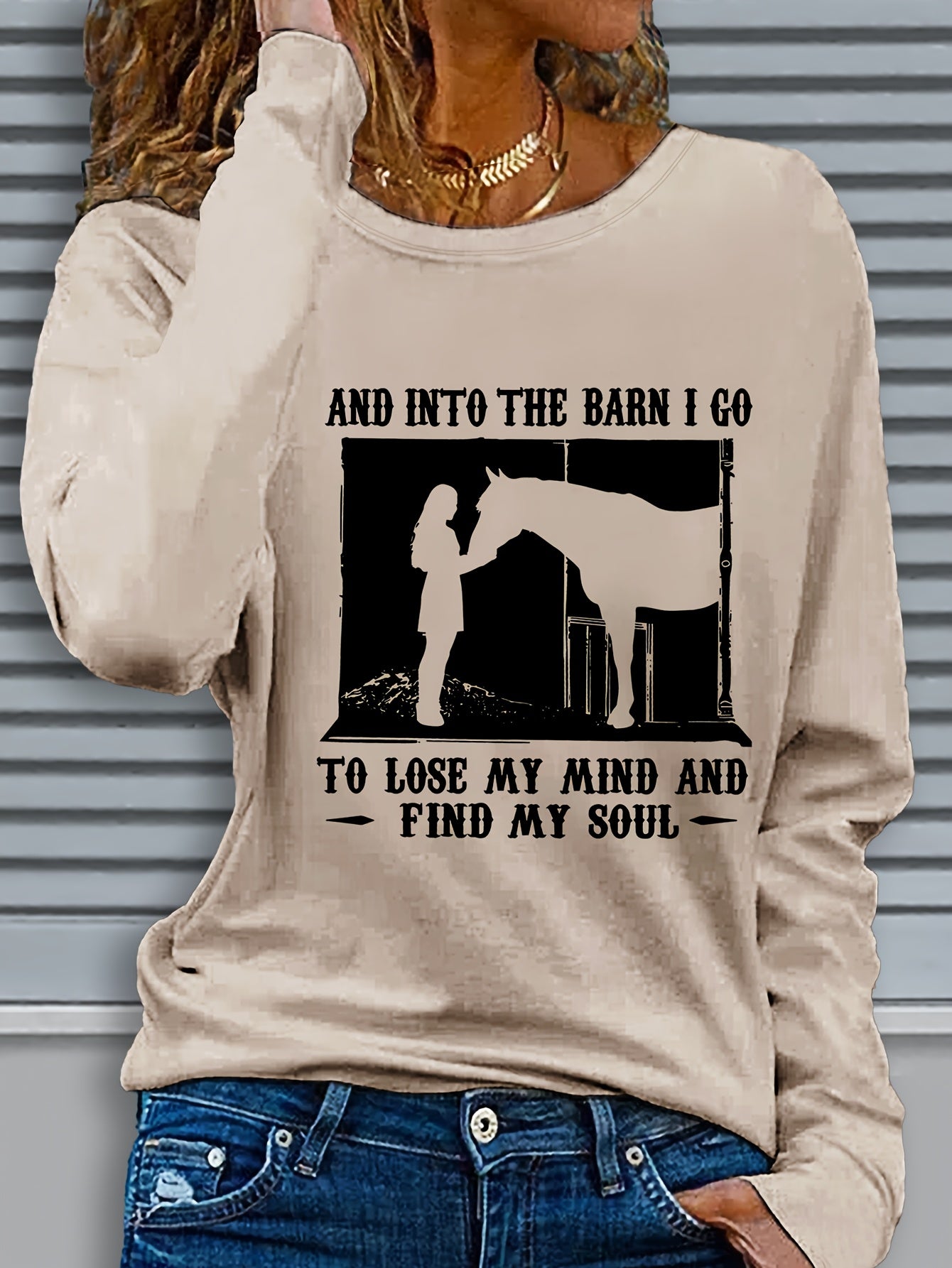 Women's Long Sleeve Crew Neck Graphic Print Horse Barn Top