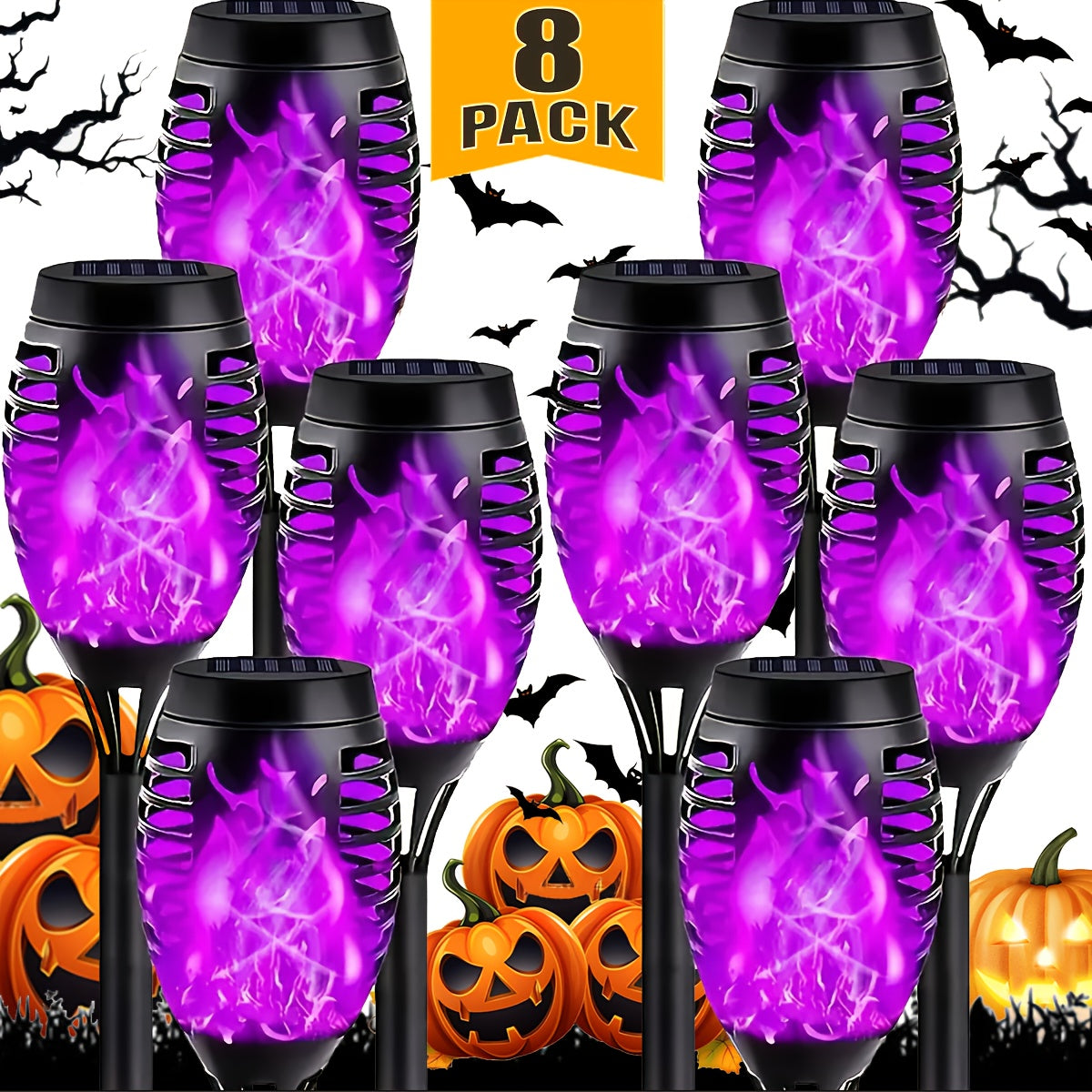 8 Pack Solar Torch Lights Outdoor Waterproof Flickering Flame Tiki Garden Pathway Realistic Fire Effect Auto On Off