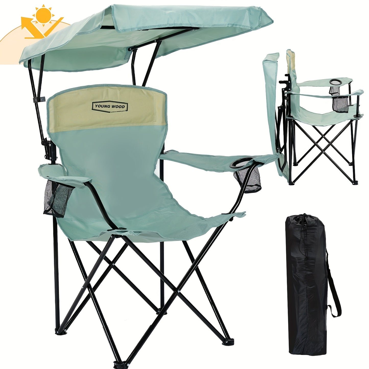 Outdoor Sunshade Chair With Adjustable Canopy And Armrests, Cup Holder, Foldable Storage Bag For Outdoor Use