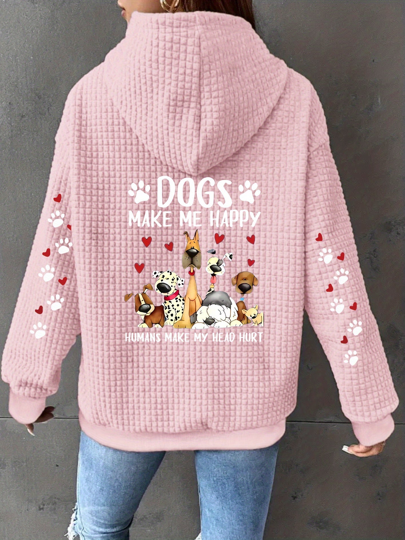 Women's Waffle Knit Zip Up Hoodie Dogs Make Me Happy Print