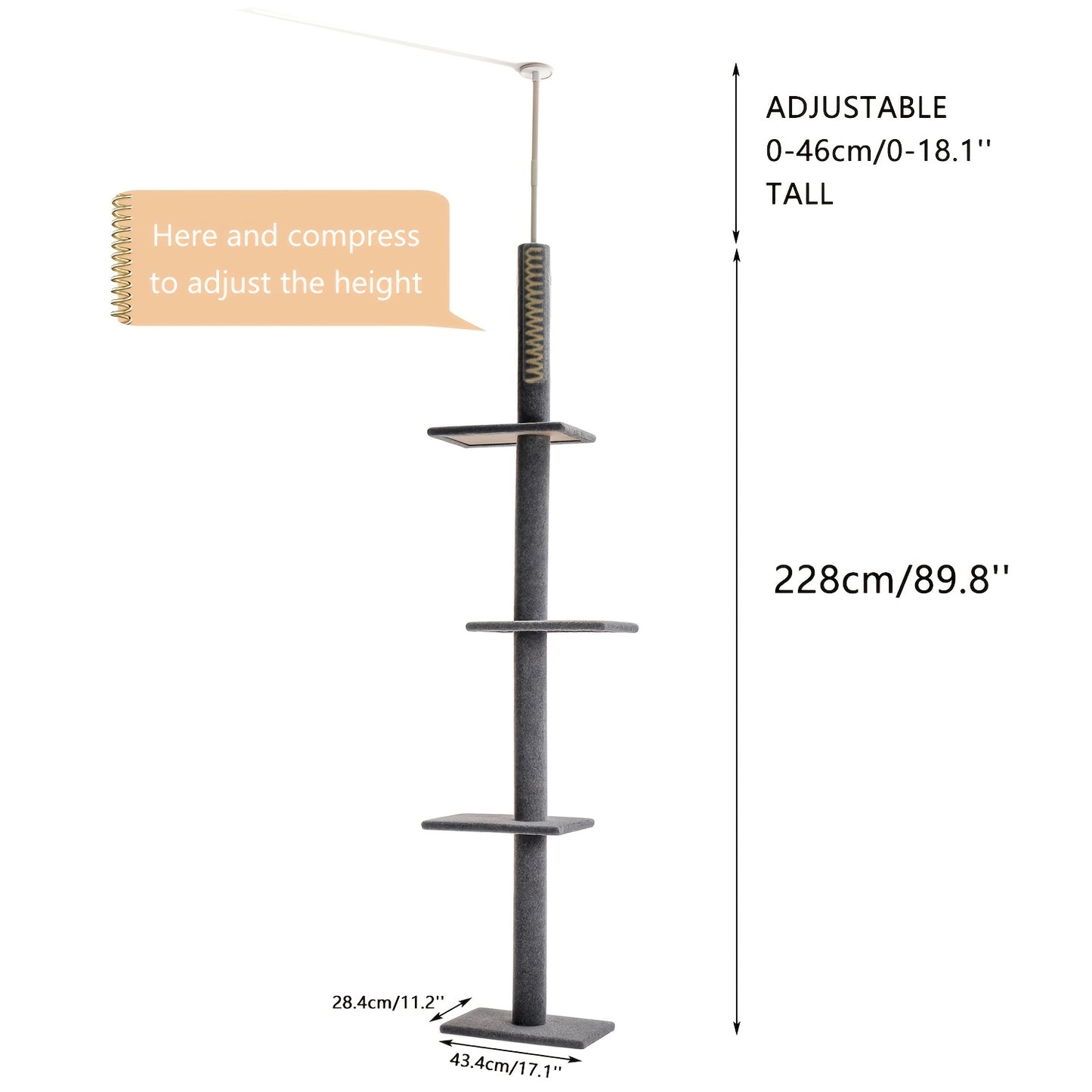 Floor To Ceiling Cat Tree Tower 4 Tier Adjustable Height 90 To 107 Inches Gray Black Khaki