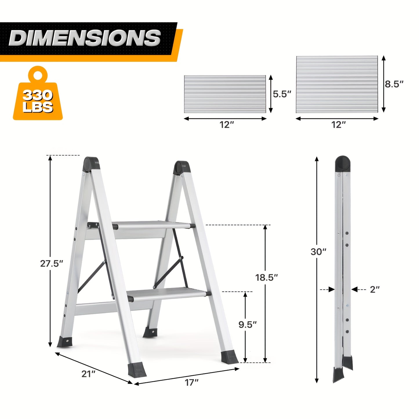 MoNiBloom Portable 2 Step Ladder Folding Stool Wide Platform Non Slip Feet 330 Lbs Capacity For Home Kitchen Silvery