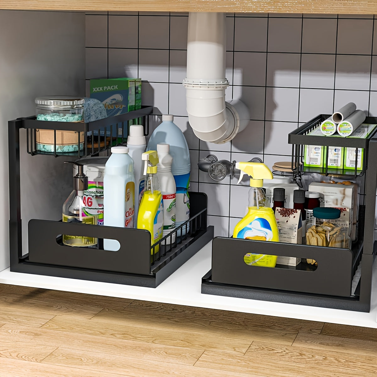 Two Level Under Sink Organizers With Sliding Pull Out Shelf Made Of Metal For Kitchen Bathroom Pantry And Closet