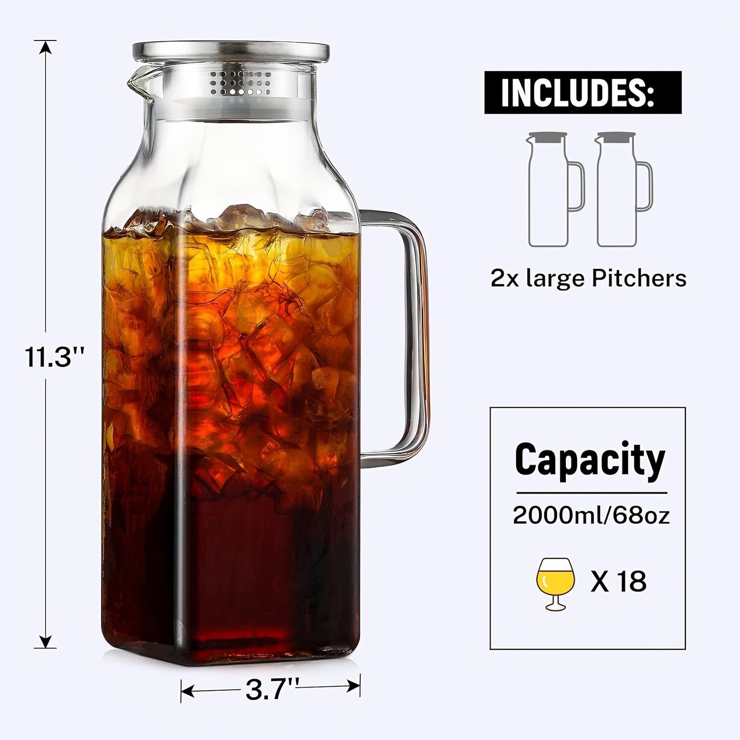 2 Pack Glass Pitcher With Lid And Handle 2L Borosilicate Thermal Shock Resistant Dishwasher Safe For Hot And Cold Drinks