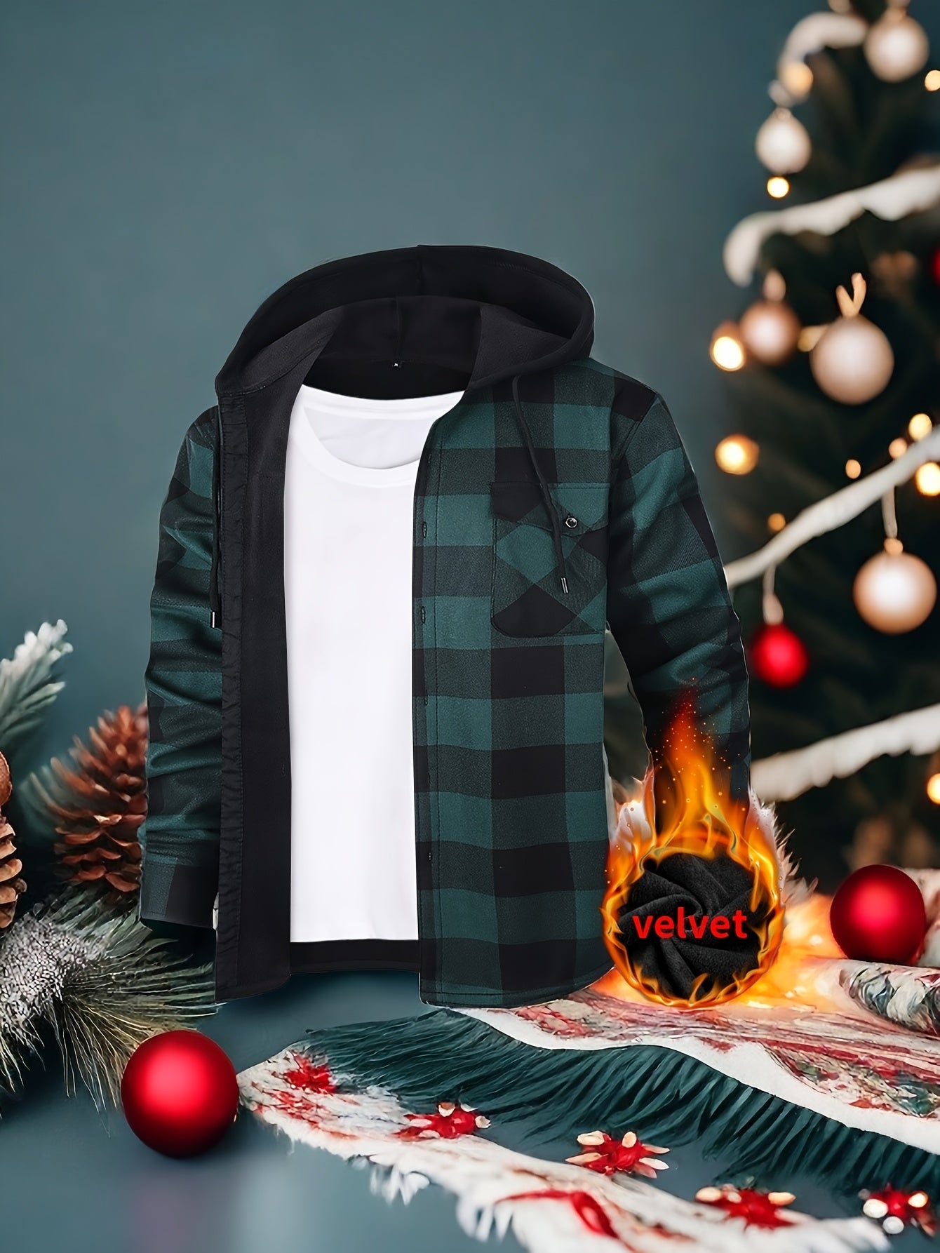 Mens Hooded Plaid Shirt Jacket Winter Thickened Coat