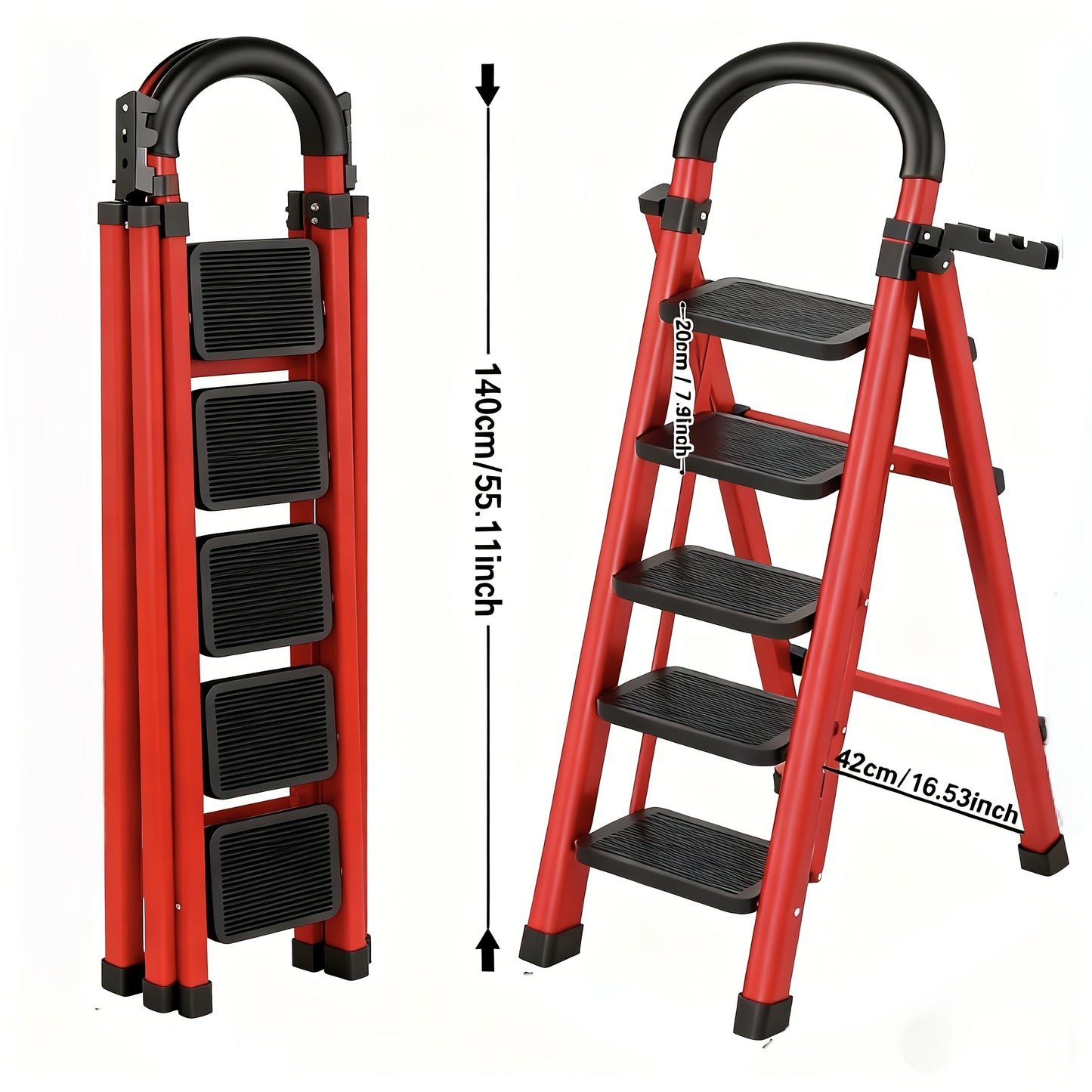 3/4/5 Step Portable Folding Ladder 500/520/530 Lbs Anti Slip Pedal Lightweight Steel Step Stool For Home And Industry