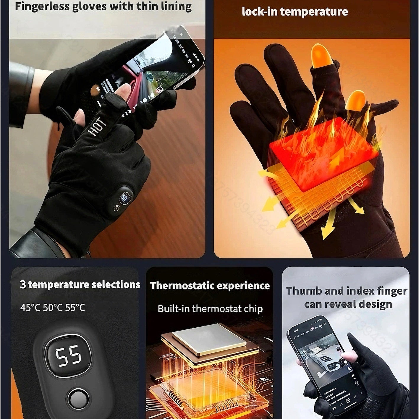 Electric Heated Gloves Rechargeable 3 Temperature Settings Washable Detachable Thumb And Index Finger 3000mAh