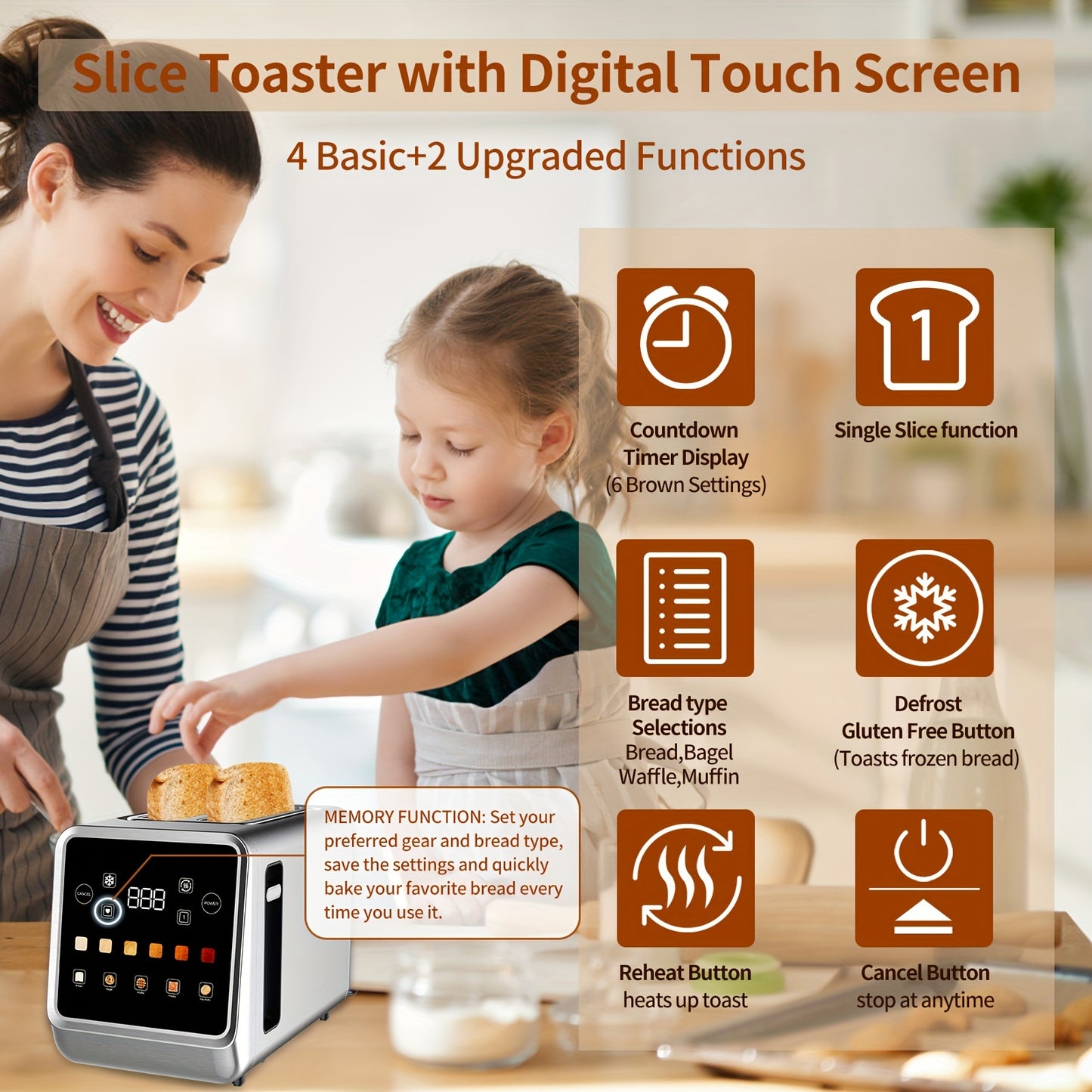 2 Slice Stainless Steel Smart Toaster With LCD Display Extra Wide Slots 6 Bread Types Defrost Memory Toasting Timer