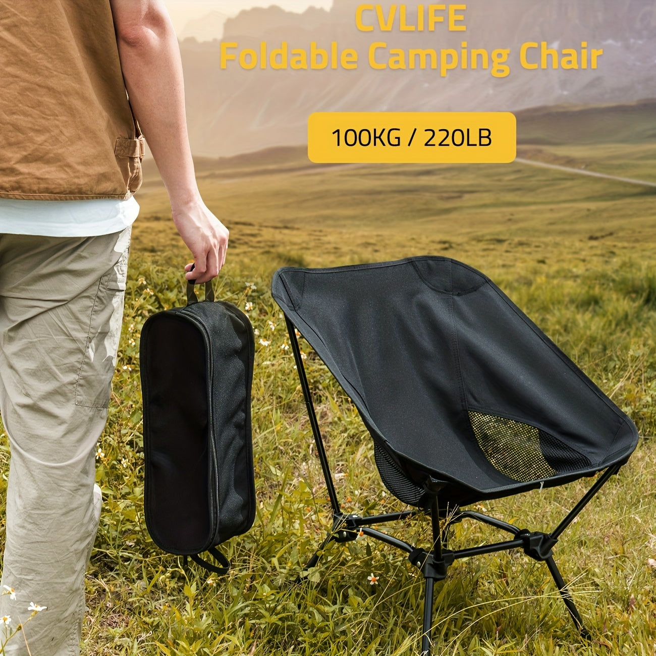 CVLIFE Camping Chair Portable Folding Backpacking Chair For Outdoor Hunting Fishing Hiking Black