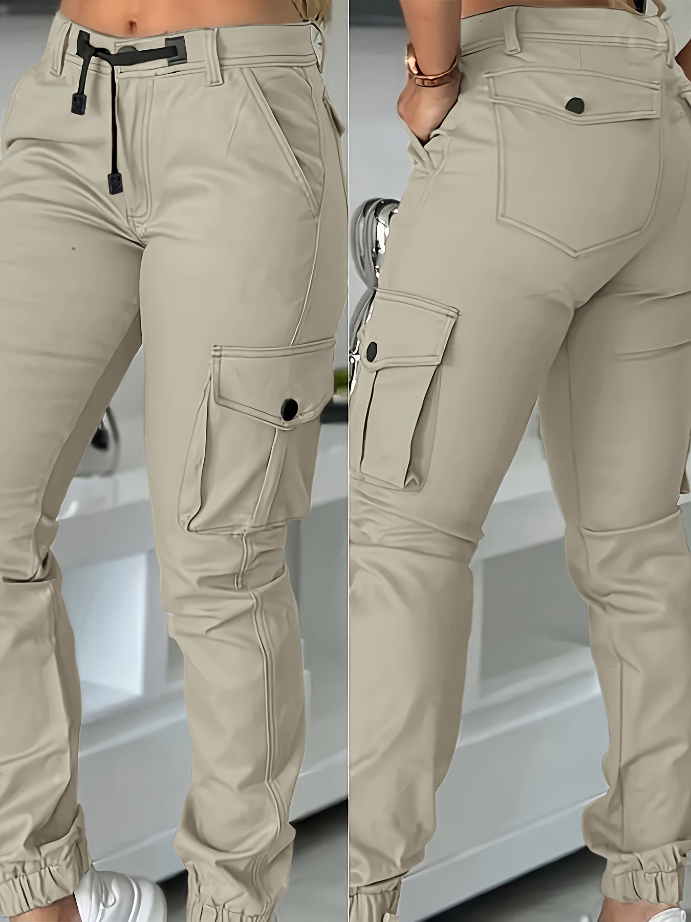 Olive Green Cargo Pants With Many Pockets And Drawstring
