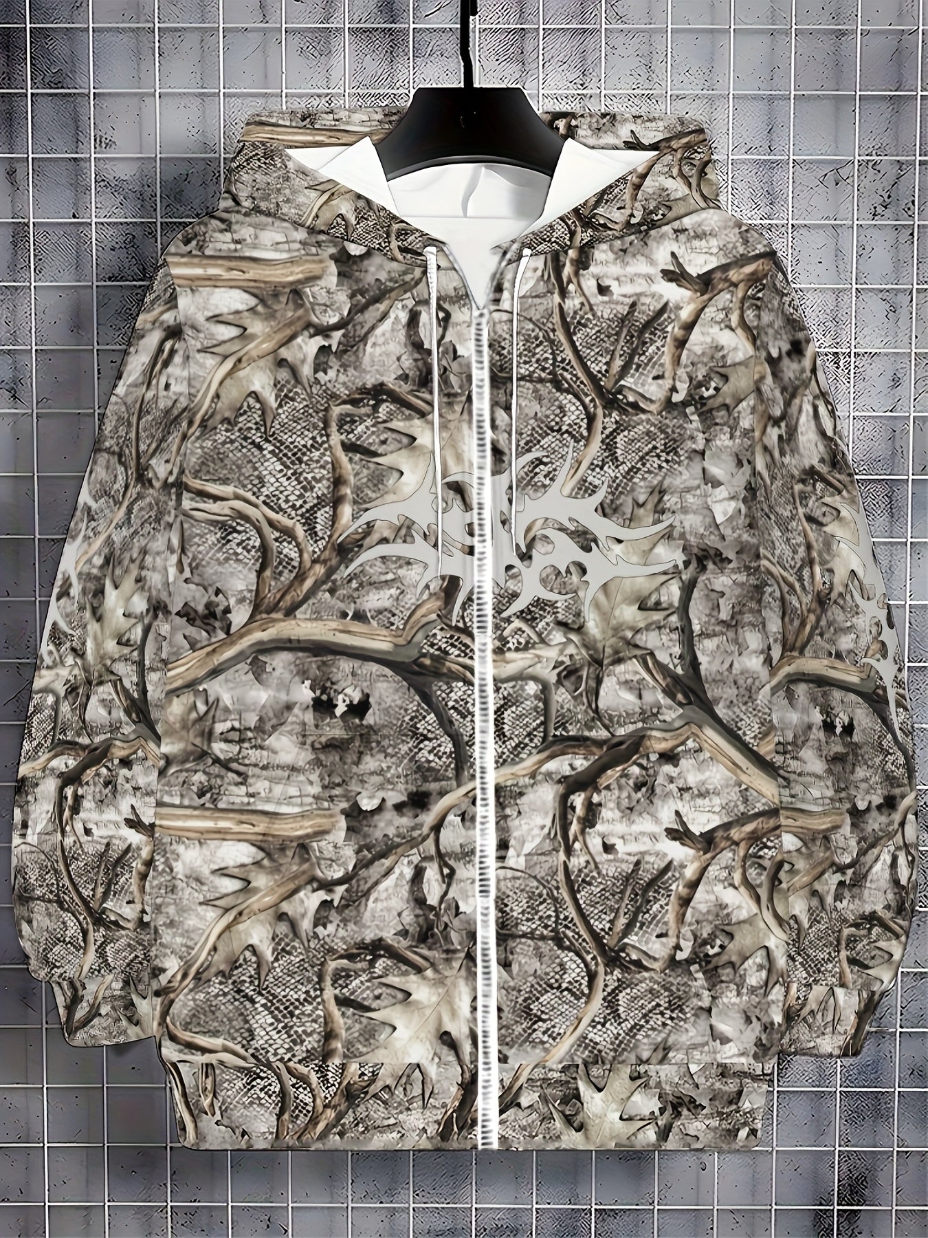 Stylish Men's Deer Antler Print Hooded Zip Up Winter Jacket