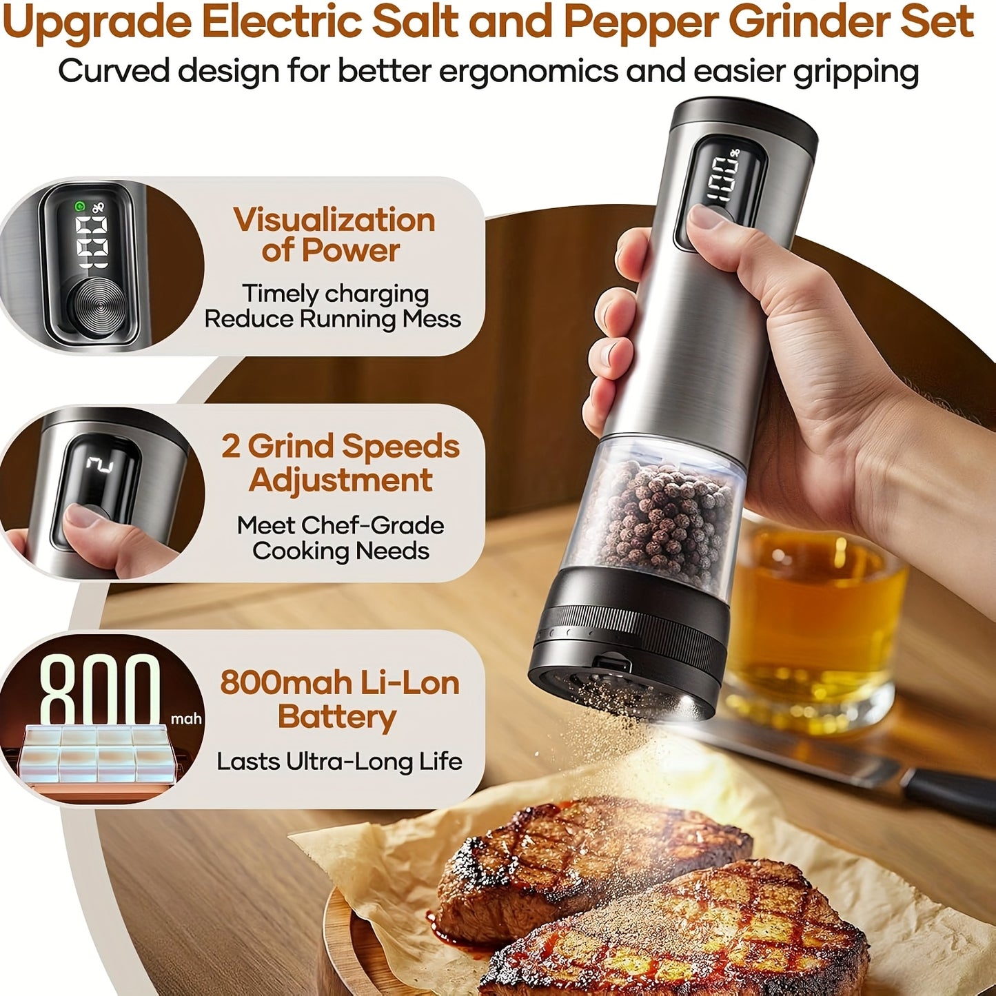 Rechargeable Salt And Pepper Grinder Set With Base USB Charging Adjustable Coarseness LED Display Extra Large Capacity