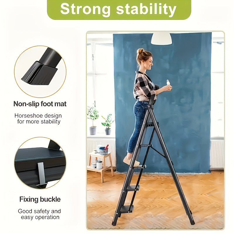 Five Step Folding Metal Ladder With Handrails Portable Safety Footstool For Home And Office Use Black Anti Slip Pads