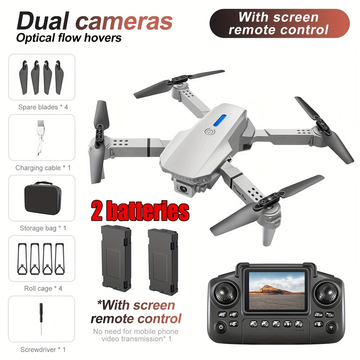 Drone Max Upgraded With 2 Batteries 4 Inch Screen Remote