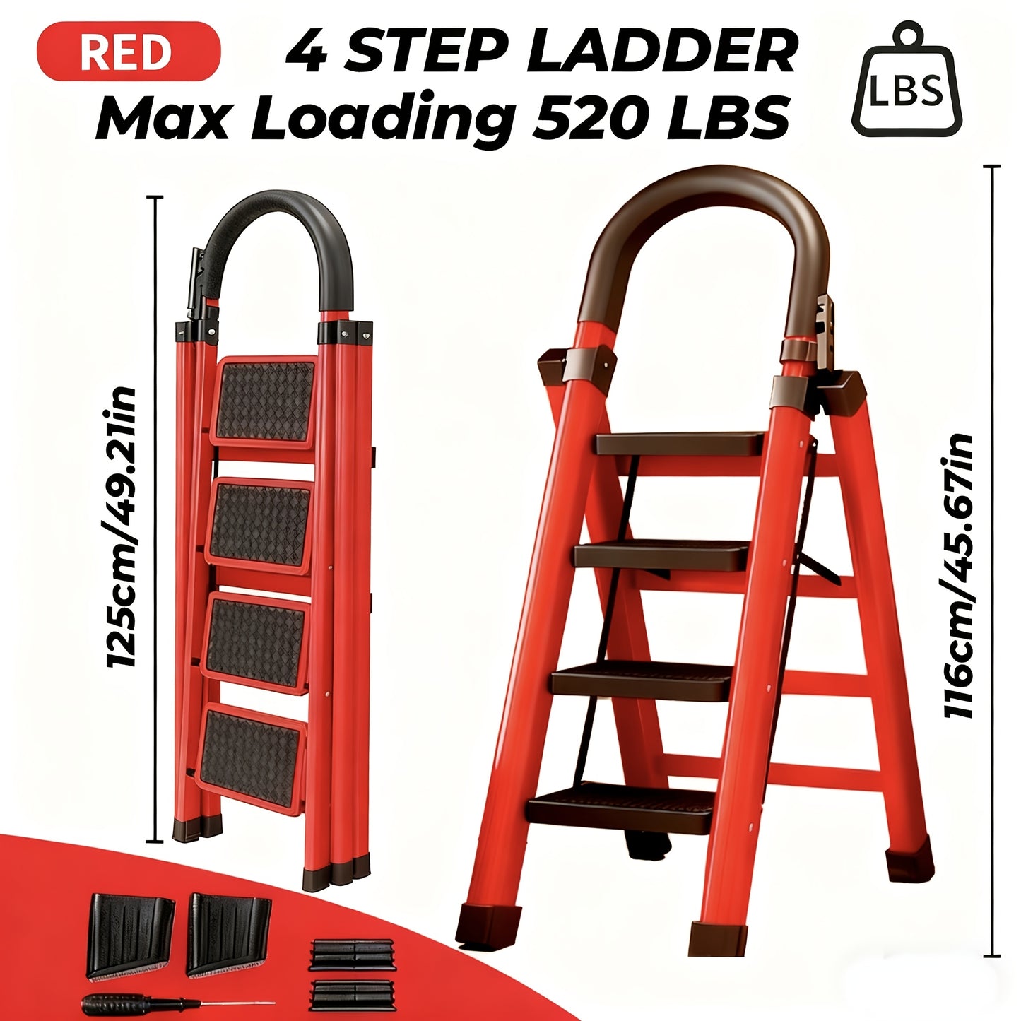3/4/5 Step Portable Folding Ladder 500/520/530 Lbs Anti Slip Pedal Lightweight Steel Step Stool For Home And Industry