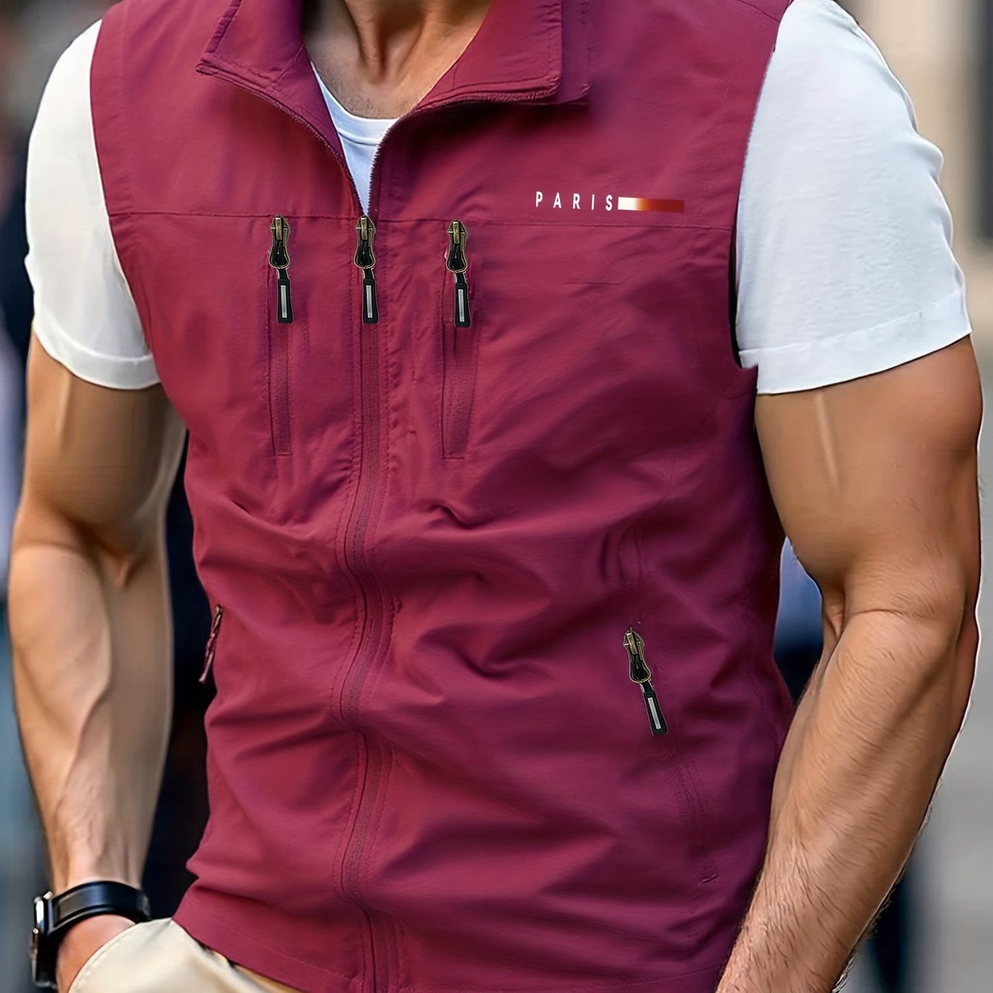 Men Casual Workwear Vest Paris Print Stand Collar Pockets