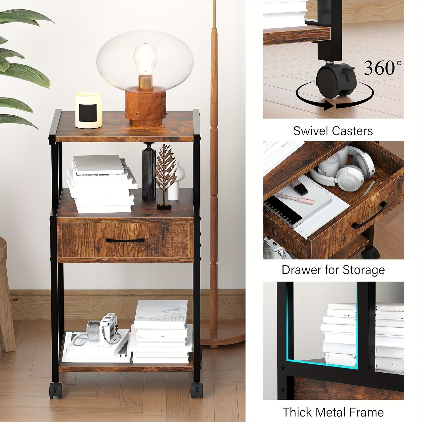 Sturdy 3 Tier Rolling Printer Stand With Storage Drawer Recycled Wood And Metal Frame Mobile Printer Cart With Wheels