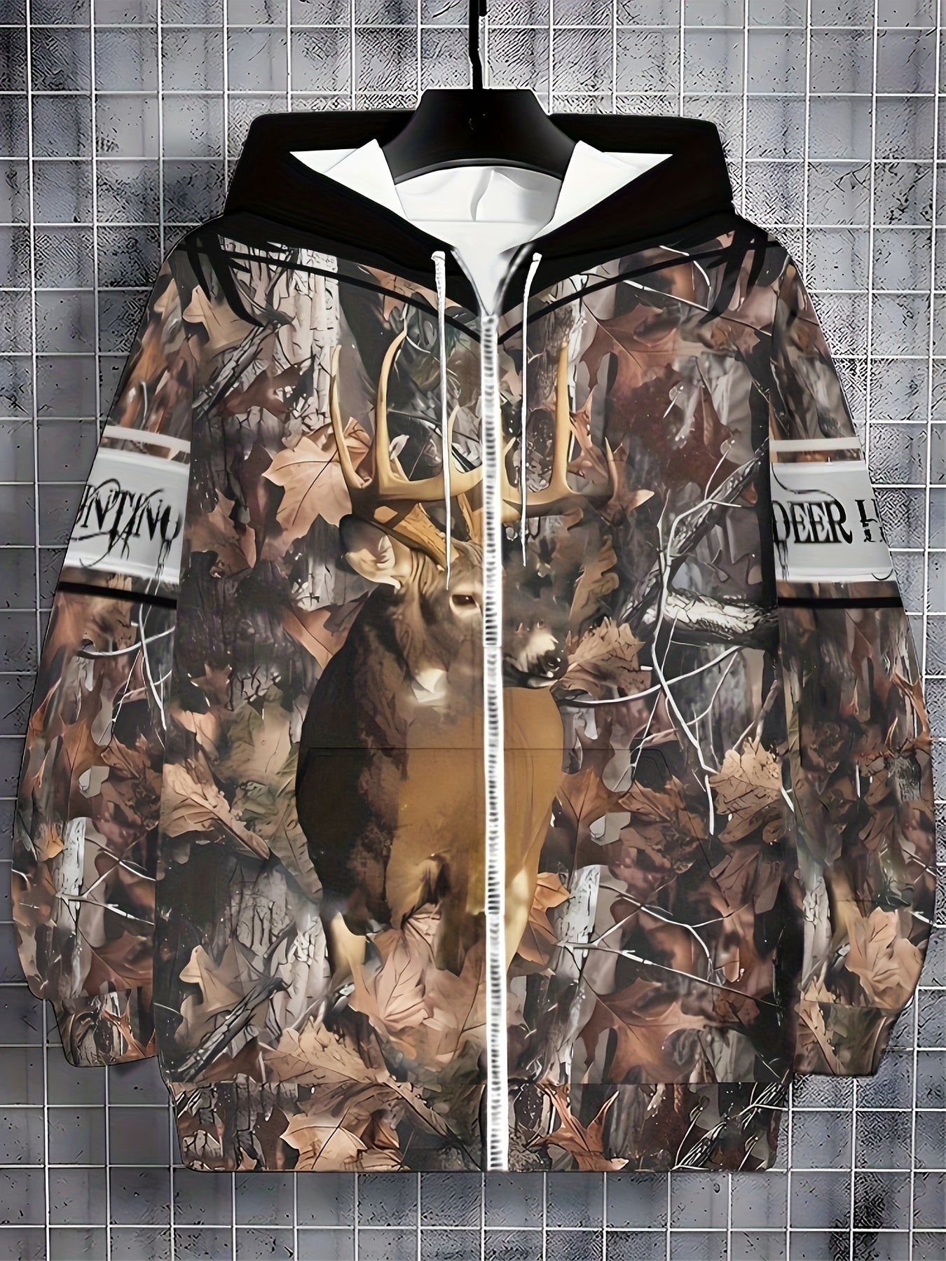 Camouflage Deer Print Mens Hooded Jacket Zipper Front