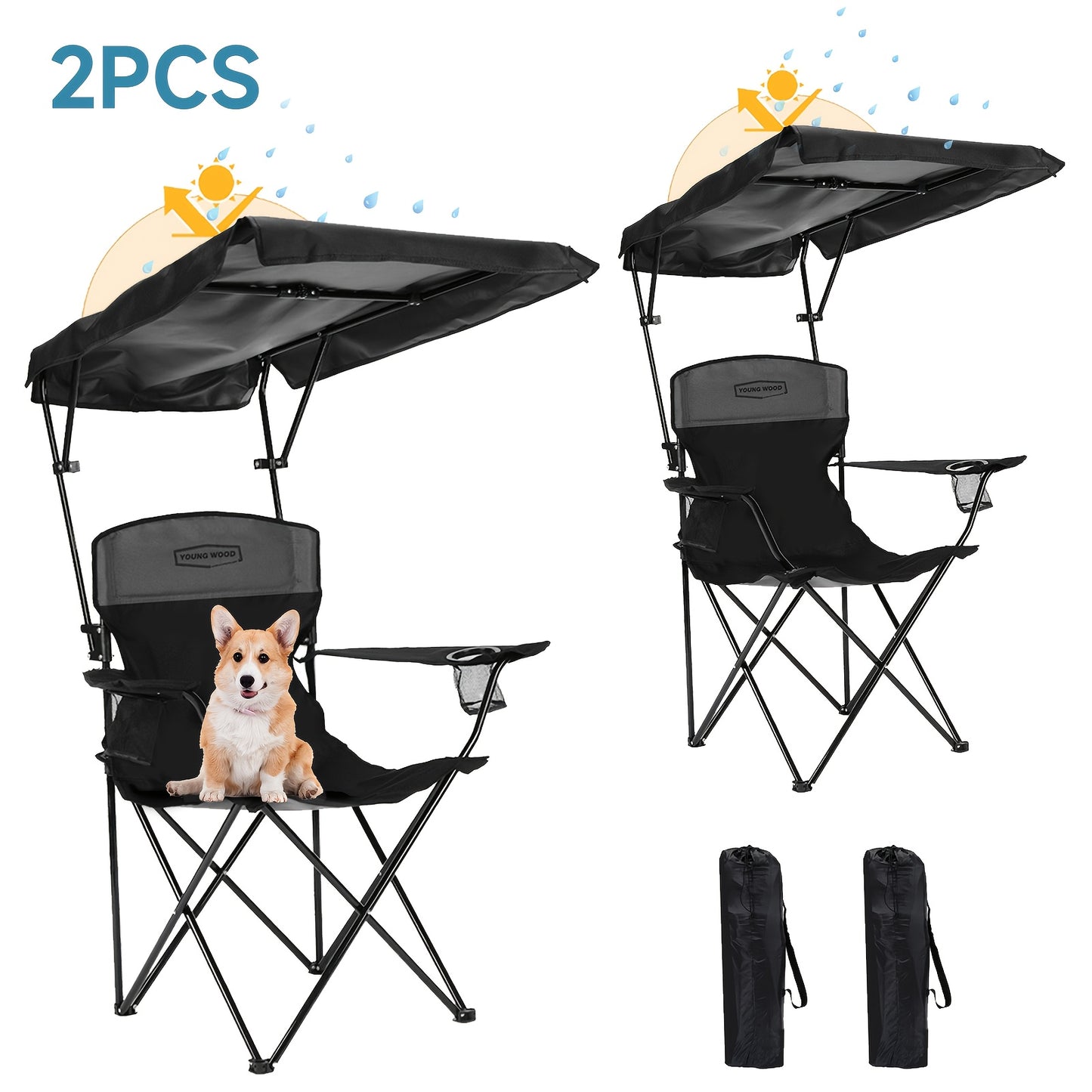Outdoor Sunshade Chair With Adjustable Canopy And Armrests, Cup Holder, Foldable Storage Bag For Outdoor Use