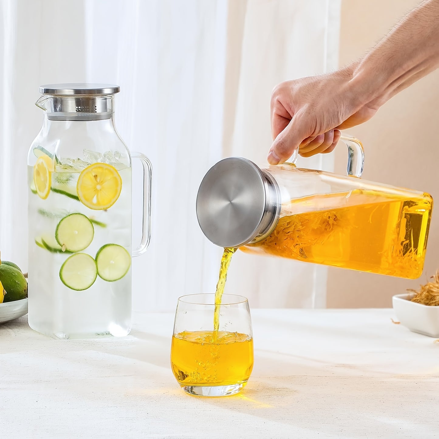 2 Pack Glass Pitcher With Lid And Handle 2L Borosilicate Thermal Shock Resistant Dishwasher Safe For Hot And Cold Drinks