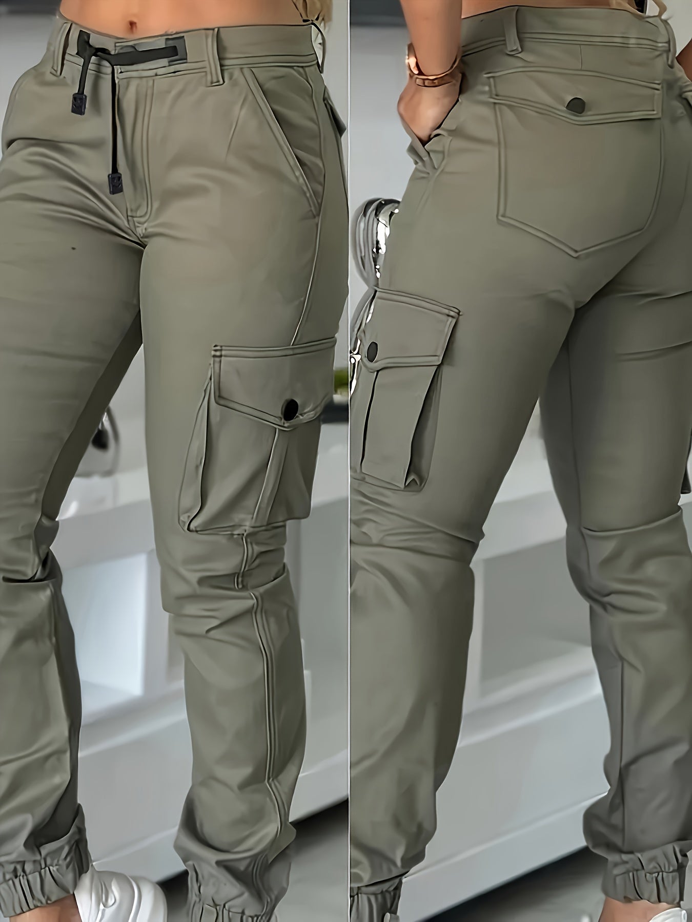 Olive Green Cargo Pants With Many Pockets And Drawstring