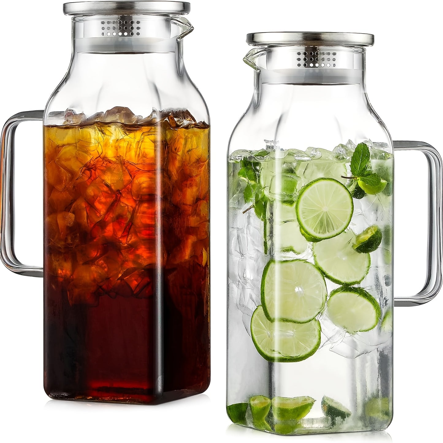 2 Pack Glass Pitcher With Lid And Handle 2L Borosilicate Thermal Shock Resistant Dishwasher Safe For Hot And Cold Drinks