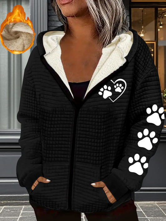 Womens Thermal Full Zip Hooded Jacket Paw Print Pattern
