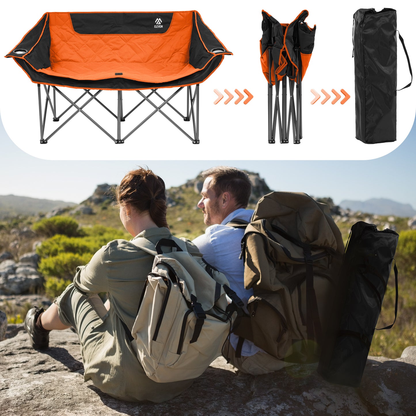 FITVIDS 2 Person Camping Chair Heavy Duty Outdoor Chair With Cup Holders Carry Bag Portable Collapsible Beach Picnics