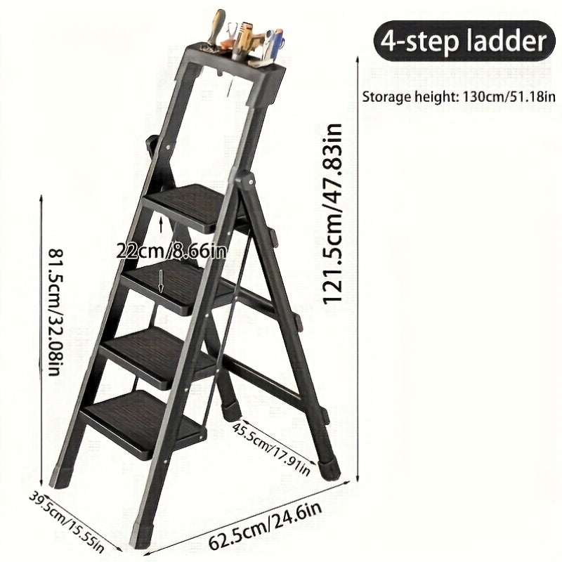 Five Step Folding Metal Ladder With Handrails Portable Safety Footstool For Home And Office Use Black Anti Slip Pads