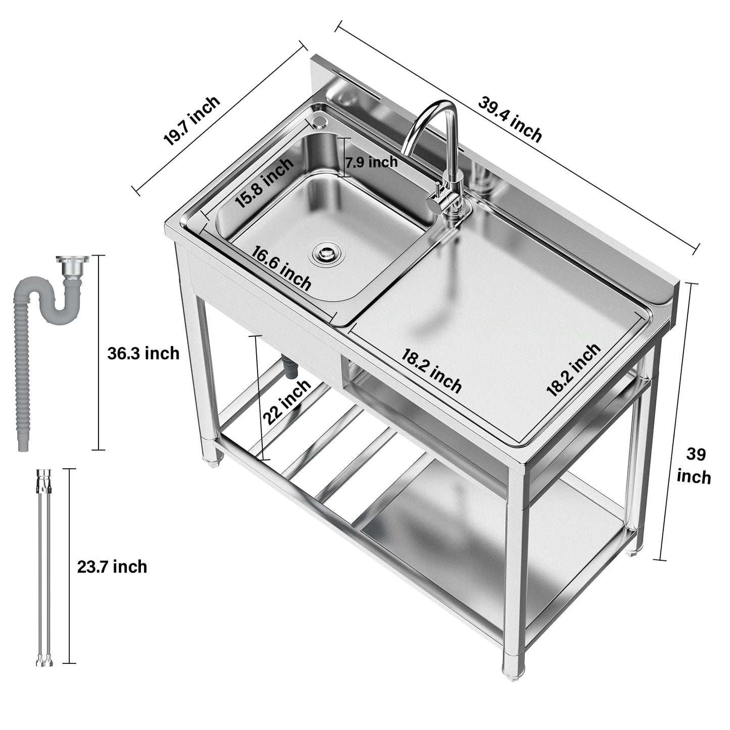 39 Inch Stainless Steel Utility Sink Outdoor Sink Station with Cabinet