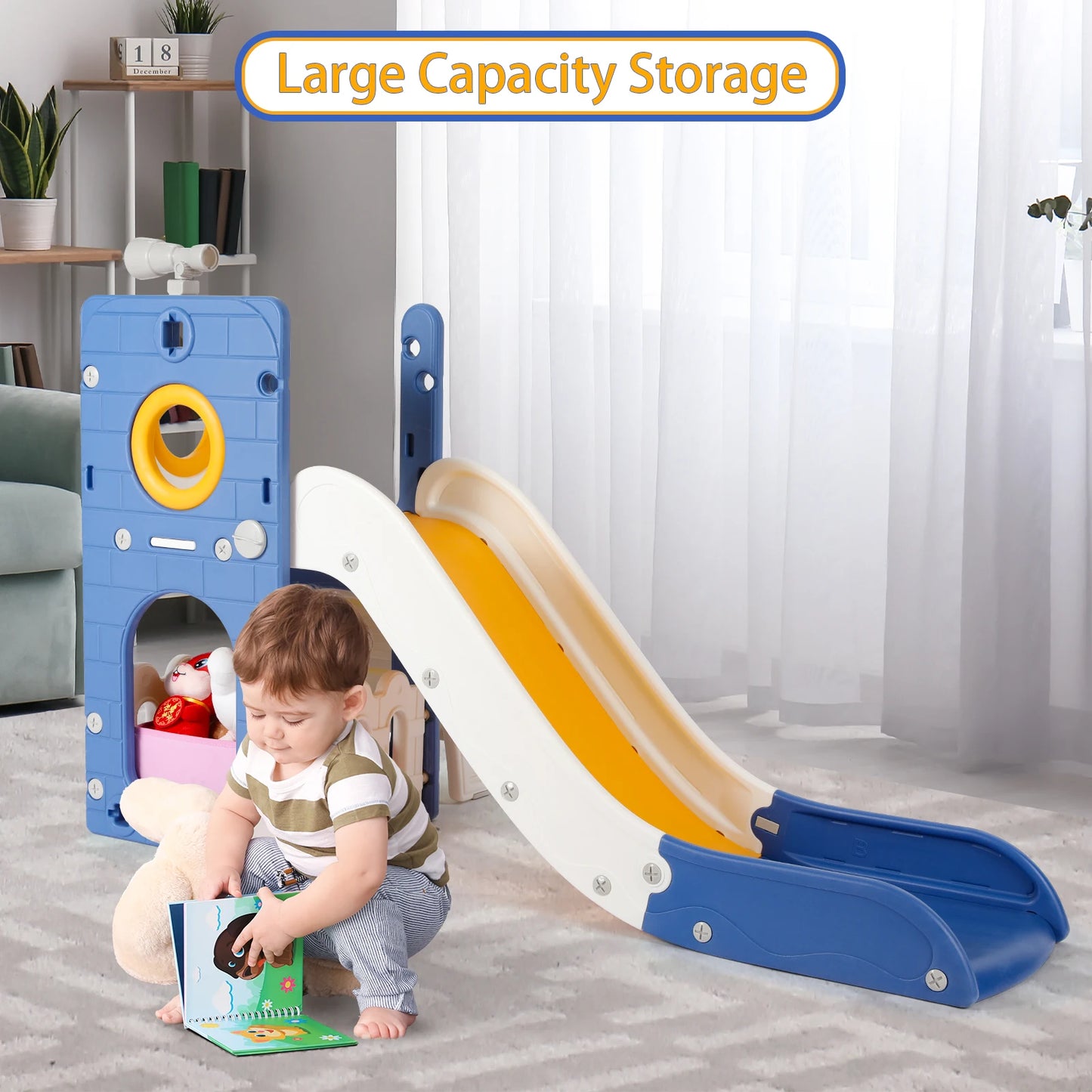 Sturdy Toddler Slide with Basketball Hoop Plastic Kids Climber with Anti-Slip Steps Indoor Outdoor Playground Toy