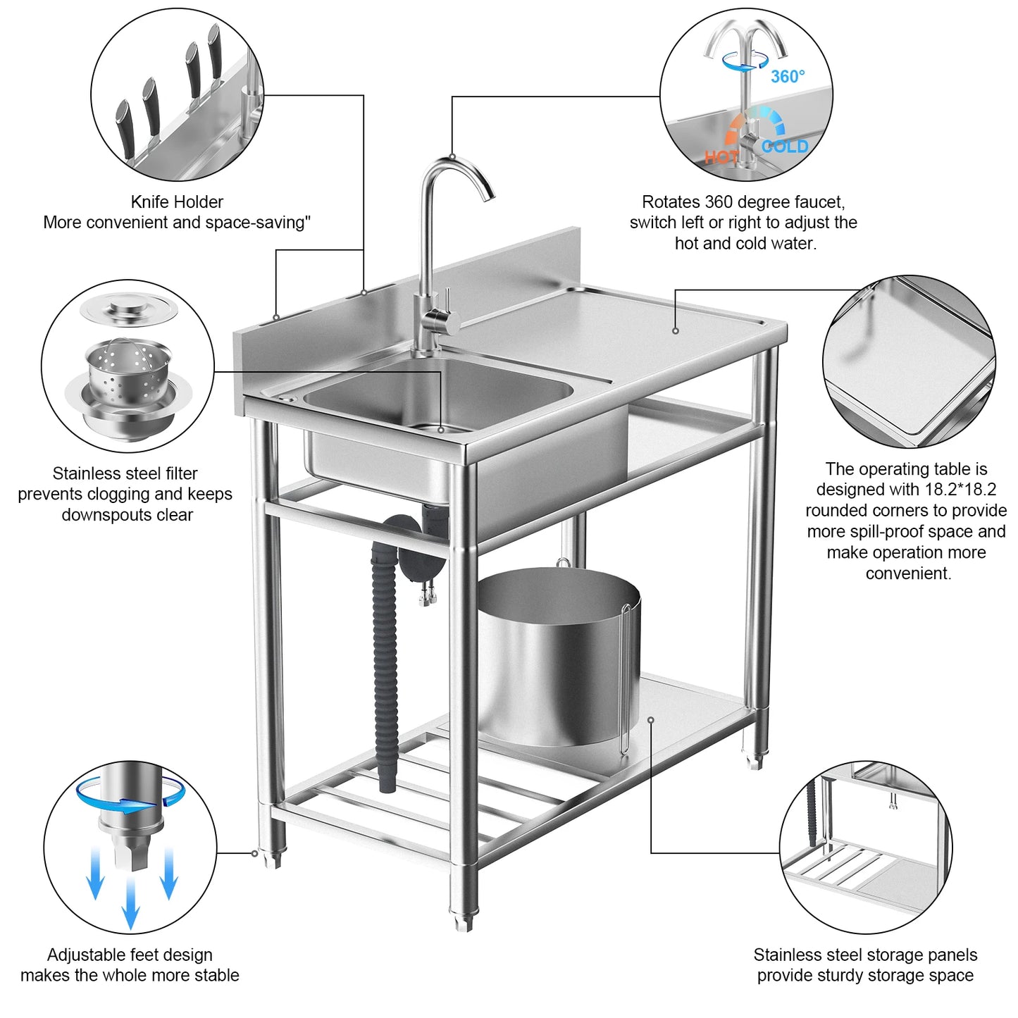 39 Inch Stainless Steel Utility Sink Outdoor Sink Station with Cabinet