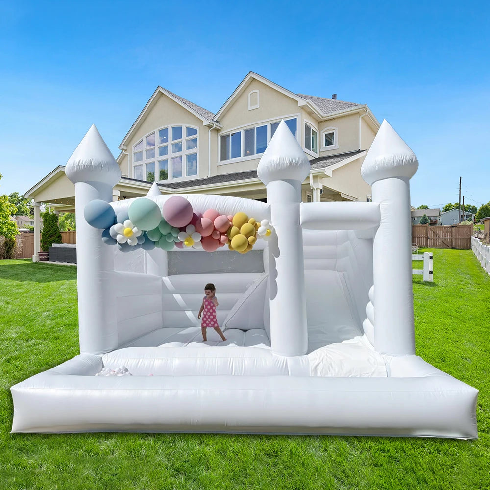 15FT PVC White Bounce House With Slide And Ball Pit Large Jumper Bouncy Inflatable Castle For Wedding Birthday Party Decoration