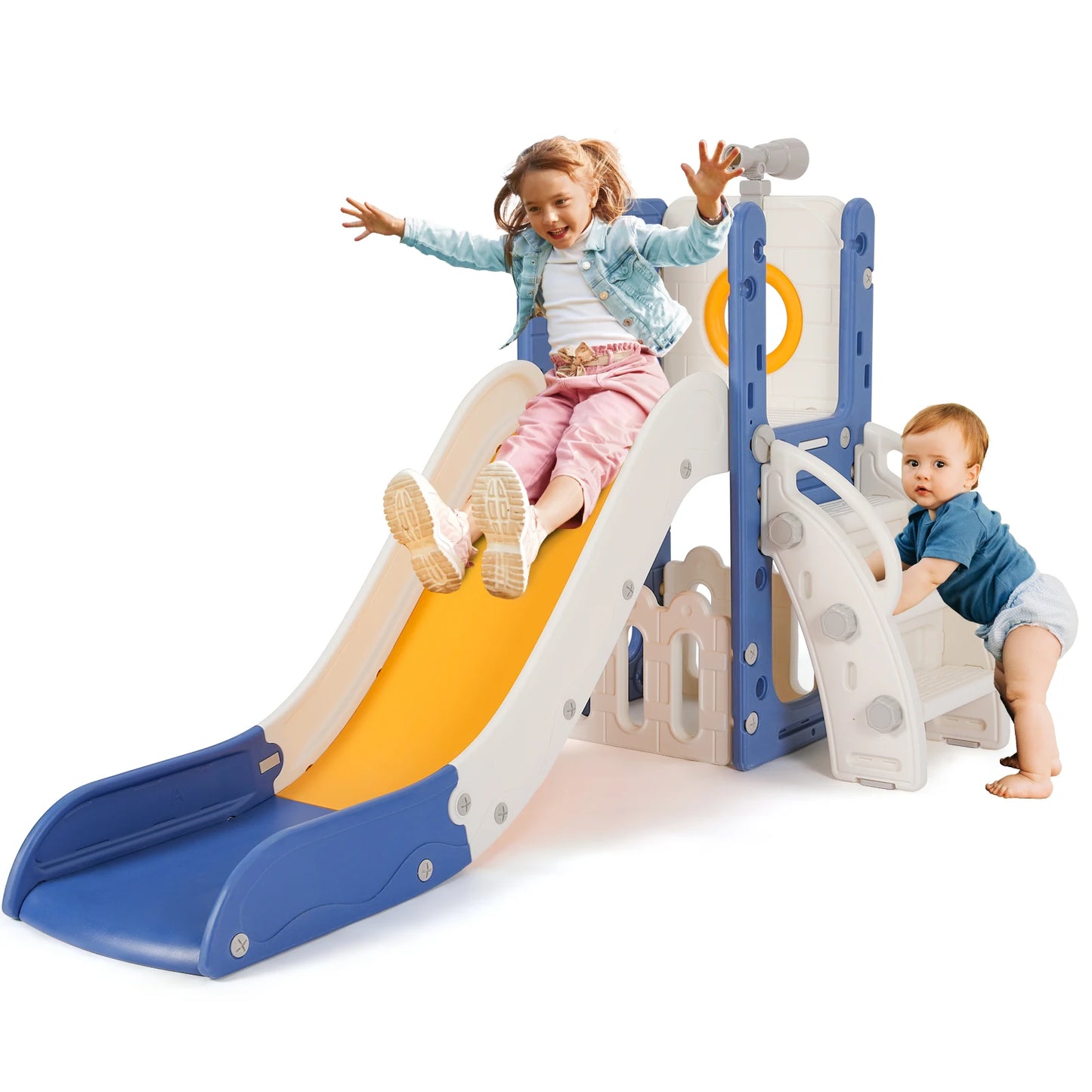 Sturdy Toddler Slide with Basketball Hoop Plastic Kids Climber with Anti-Slip Steps Indoor Outdoor Playground Toy